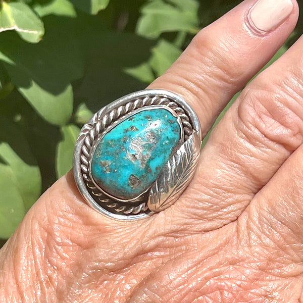 Navajo Handmade Sterling Silver Natural Blue Green Turquoise Ring top 6.5