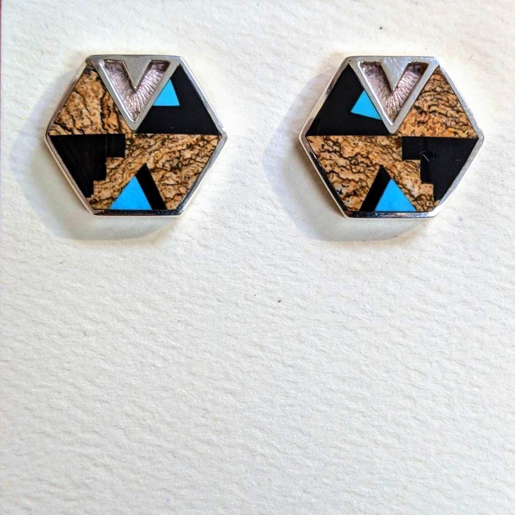 Contemporary Navajo Inlaid Hexagon Post Earrings by David Rosales of Supersmith with Black Jade, Picture Jasper, and Turquoise 1/443