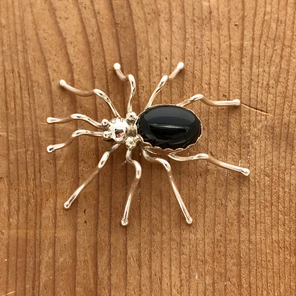 Vintage Silver Black Onyx Spider Brooch