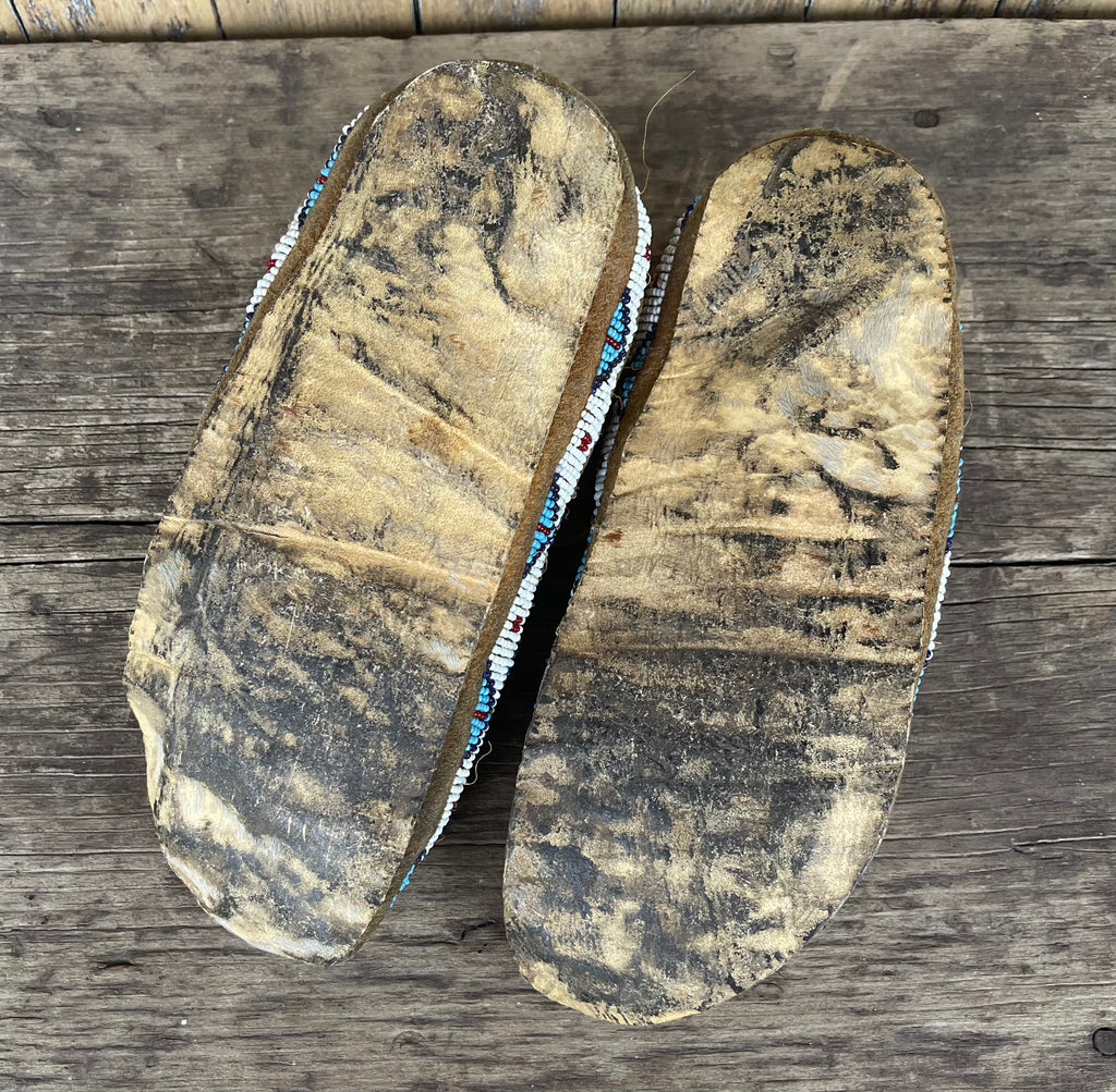 Sioux Beaded Moccasins - Salt & Pepper, greasy yellow and blue beads ca. 1920 -Sinew sewn (GM69)