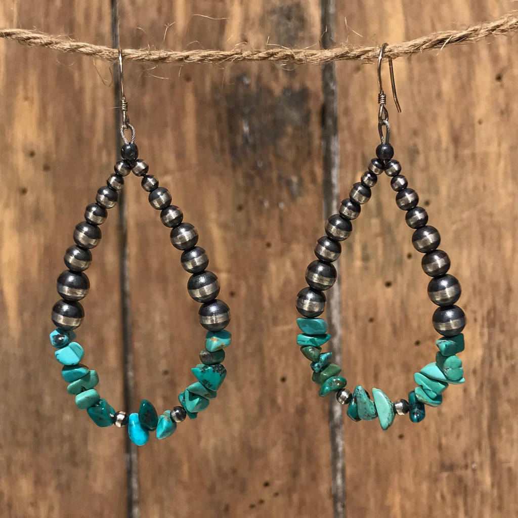 Native American Silver Beaded Dangle Earrings with Turquoise Nuggets, Silver beads and turquoise Navajo earrings (1/252)