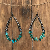 Native American Silver Beaded Dangle Earrings with Turquoise Nuggets, Silver beads and turquoise Navajo earrings (1/252)