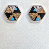 Contemporary Navajo Inlaid Hexagon Post Earrings by David Rosales of Supersmith with Black Jade, Picture Jasper, and Turquoise 1/443