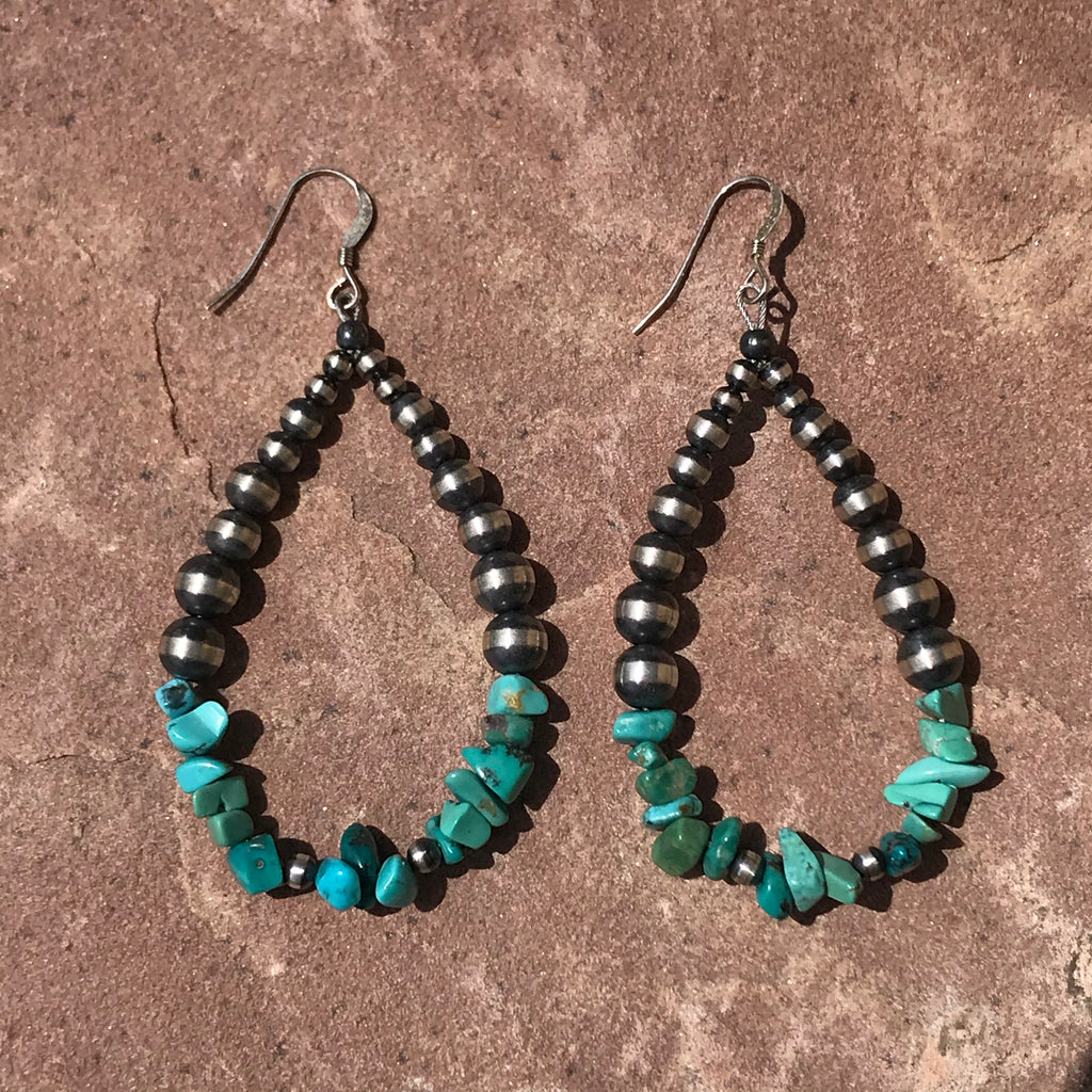 Native American Silver Beaded Dangle Earrings with Turquoise Nuggets, Silver beads and turquoise Navajo earrings (1/252)