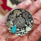 Alex Sanchez, Navajo/Zuni Ring with Kingman Turquoise & Tribal Symbols, Petroglyph turquoise jewelry Ring Size 10 (2/145)