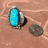 Classic Navajo ring with genuine turquoise and handmade silver leaf and scroll work, Vintage Navajo blue turquoise ring in size 6 (DC53)