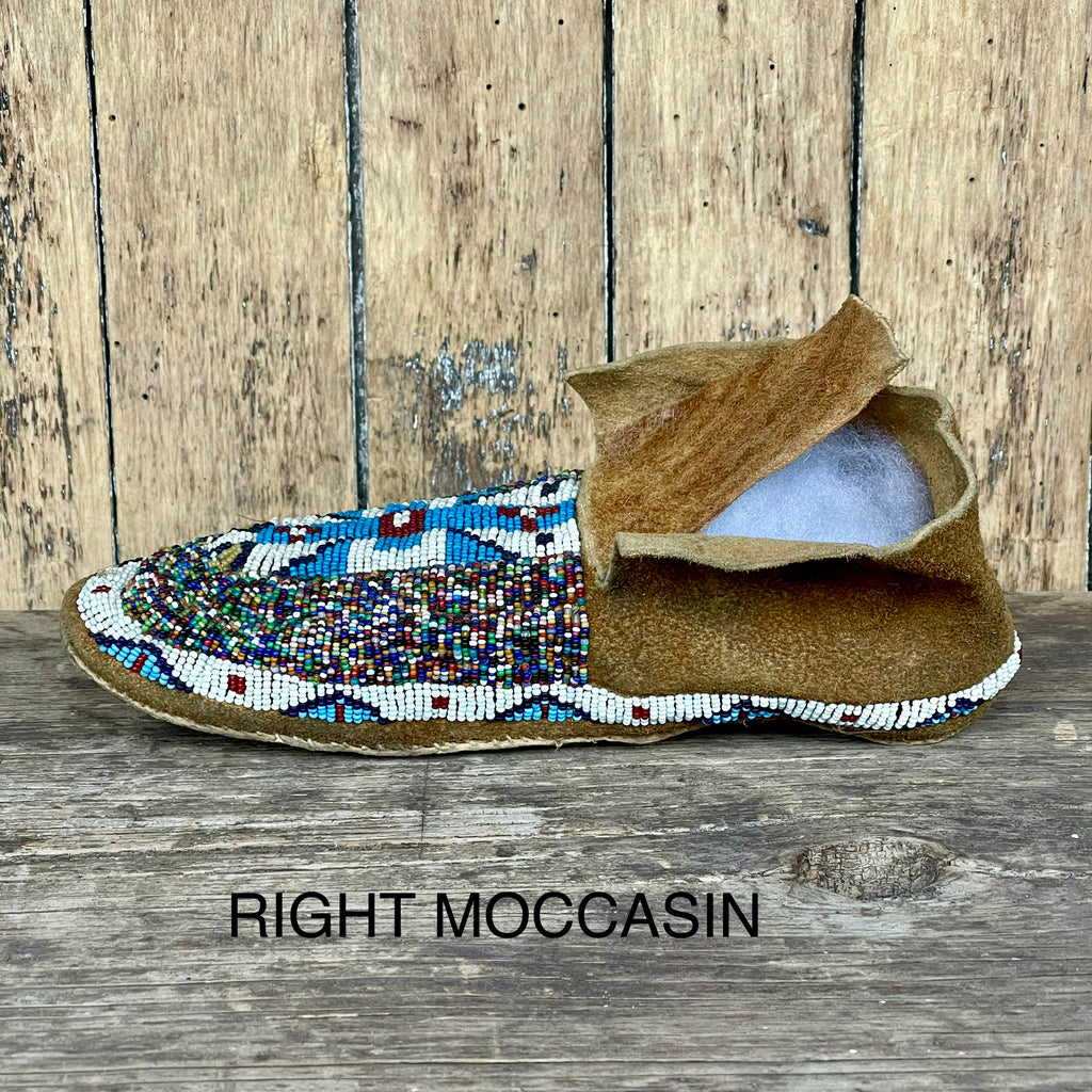 Sioux Beaded Moccasins - Salt & Pepper, greasy yellow and blue beads ca. 1920 -Sinew sewn (GM69)