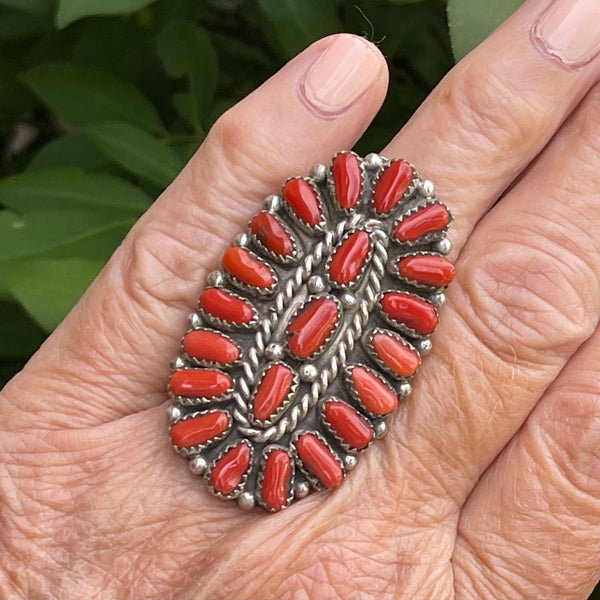 Authentic Navajo Coral cluster Ring by Justina Wilson