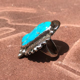 Classic Navajo ring with genuine turquoise and handmade silver leaf and scroll work, Vintage Navajo blue turquoise ring in size 6 (DC53)