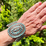 Silver and Turquoise Genuine Zuni Cuff Bracelet with an array of teardrop-shaped stones, vintage  AS235
