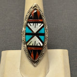 Zuni Inlay Sterling Silver Ring with Jet, Turquoise, Coral, and Mother of Pearl - size 7 1/4   (2/104)