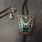 Wayne and Virginia Quam Vintage Zuni Inlay Bolo Tie with Geometric Design, authentic Native American   (JF77)