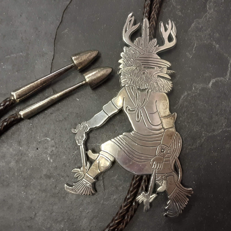 Aaron Honanie Sterling Silver Hopi Overlay Bolo Tie with Deer Kachina, vintage authentic Native American  (JF86)