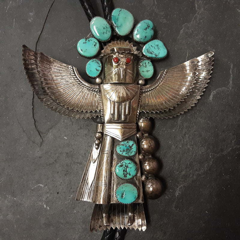 3D Navajo Eagle Kachina design bolo tie with 10 turquoise stones - Handmade and signed Basil