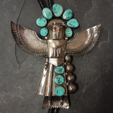 3D Navajo Eagle Kachina design bolo tie with 10 turquoise stones - Handmade and signed Basil