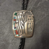 Phil Sekaquaptewa Sterling Silver Hopi Overlay Bolo Tie with Multi-stone Inlay and Longhair Kachina Design, vintage Native American   (JF96)