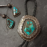 Mary Morgan Vintage Navajo Sterling Silver Shadowbox Bolo Tie with Large Turquoise Stone, authentic Native American   (JF102)