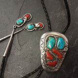 Effie Calavaza Vintage Zuni Turquoise and Coral Bolo Tie with Snake Design, authentic Native American   (JF108)