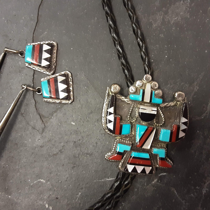 Ricky and Lucy Vacit Vintage Zuni Inlay Celebration Man on Sterling Silver Bolo Tie, authentic Native American   (JF111)