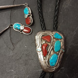Effie Calavaza Vintage Zuni Turquoise and Coral Bolo Tie with Snake Design, authentic Native American   (JF113)