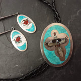 Albert and Dolly Banteah Zuni Mosaic Flush Inlay Oval Pheasant Design Bolo Tie, vintage  (JF120)