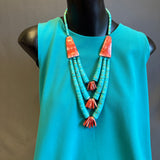 Lupe Lovato, Santo Domingo 3 strand turquoise and spiny oyster shell waterfall style necklace (4/26)