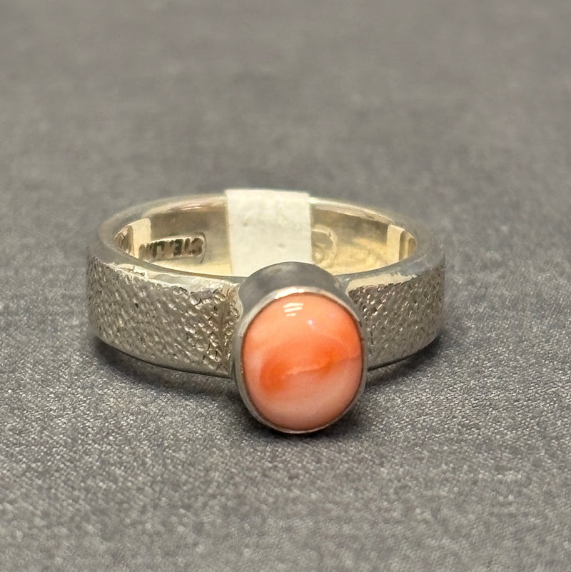 Shaun Rogers, Navajo Textured Silver Ring with Pink Coral Stone - size 7   (4/70)