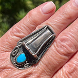 Turquoise and Sterling Silver Scrollwork and Rope Detail Ring, Authentic Navajo - size 7.5  (HV15)