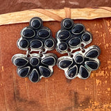 Black onyx cluster style Navajo earrings - post closure - signed Geneva J A (KO21)