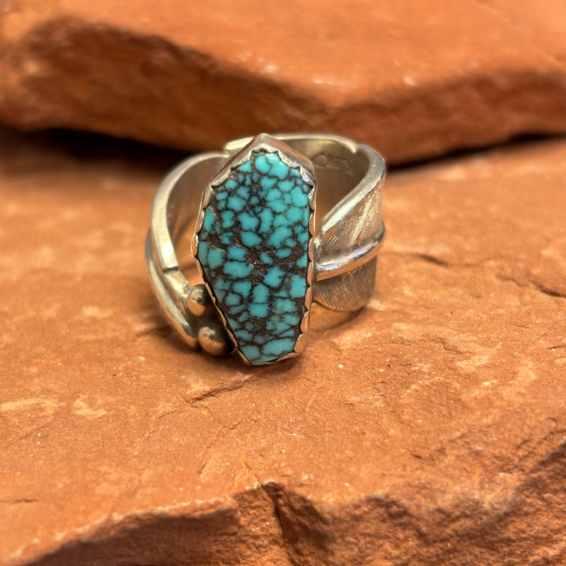 Royce "Eagle Boy" Kohlmeyer, Jemez Pueblo Sterling Silver and Turquoise Ring with Feather Shank, vintage Native American-size 8.5   (5/11)