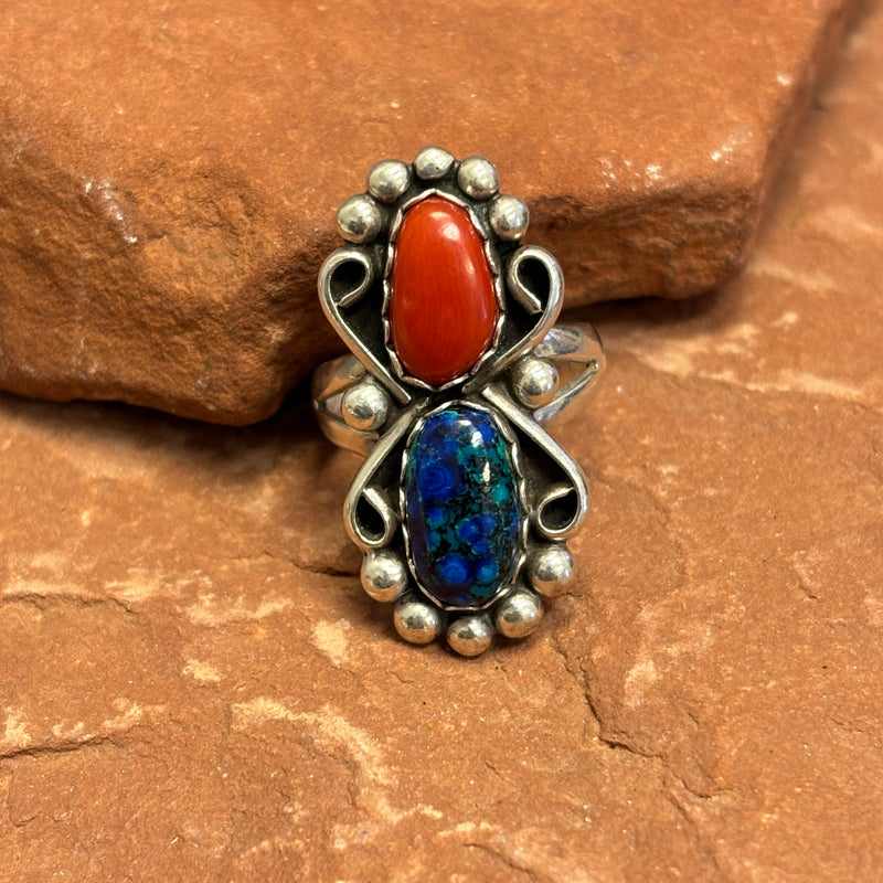 Vintage Navajo Sterling Silver Ring with Red Coral and Blue Stone  (5/142)