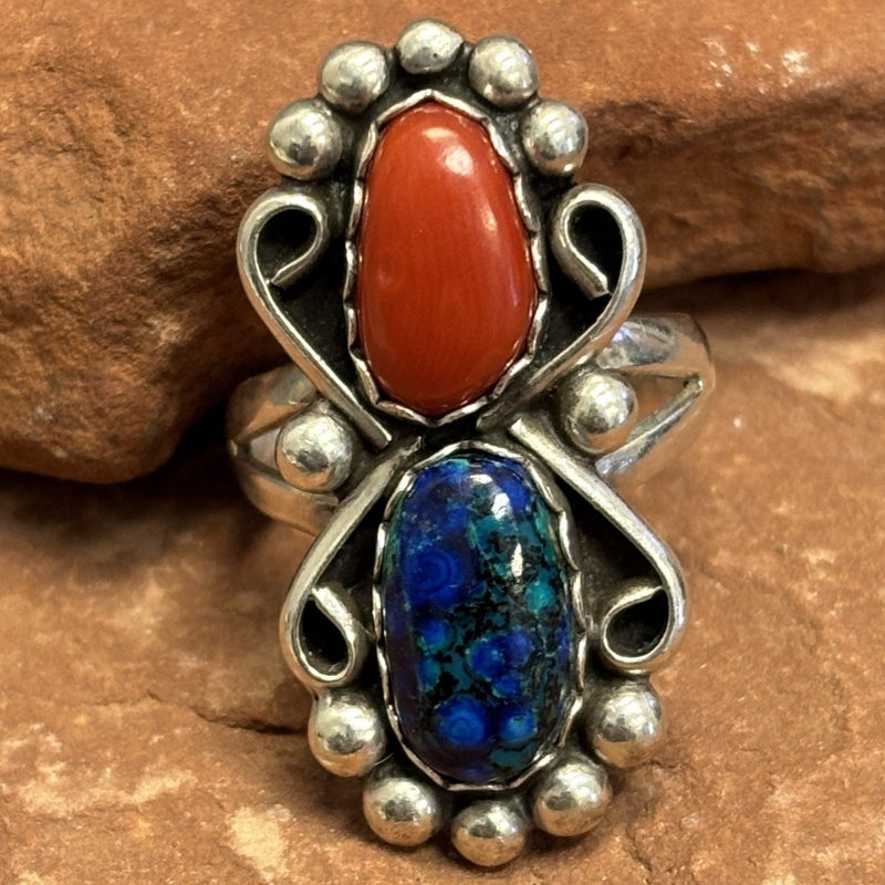 Vintage Navajo Sterling Silver Ring with Red Coral and Blue Stone  (5/142)