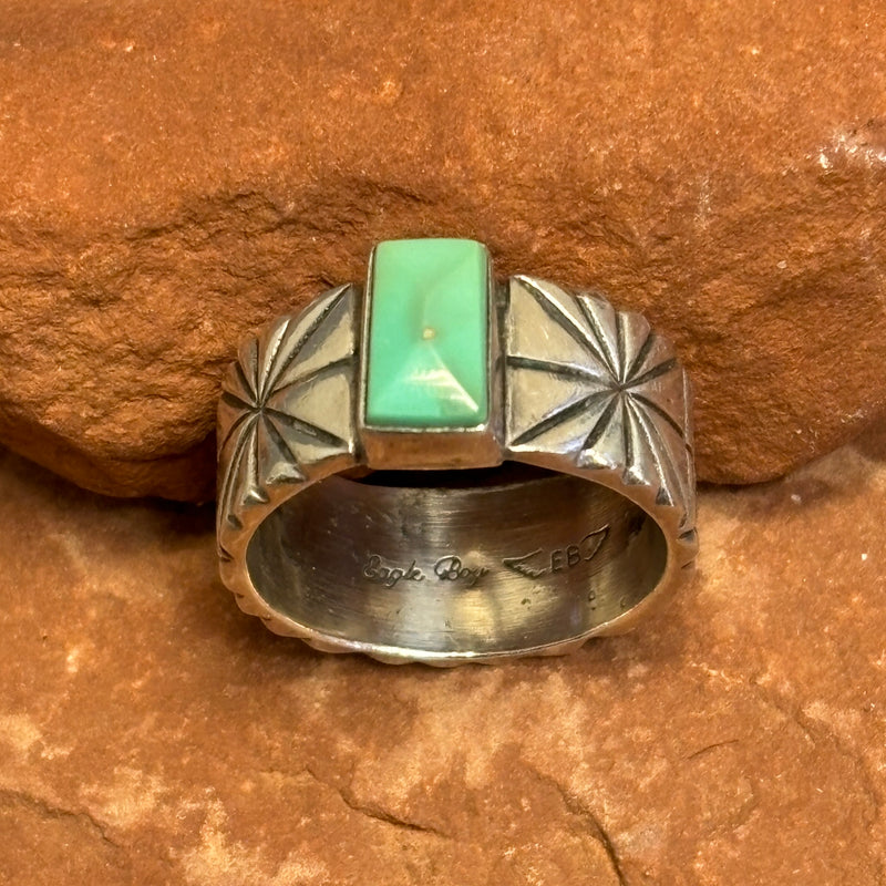 Royce "Eagle Boy" Kohlmeyer, Jemez Pueblo Sterling Silver and Turquoise Wide Band Ring, vintage Native American-size 8.5   (5/153)