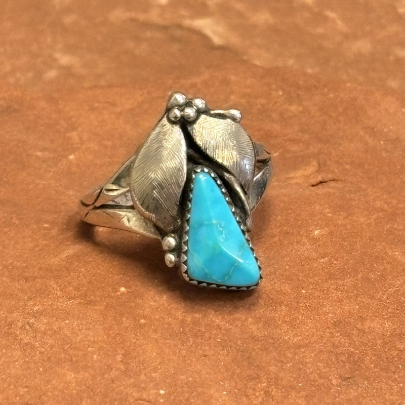 Royce "Eagle Boy" Kohlmeyer, Jemez Pueblo Sterling Silver and Turquoise Leaf Design Ring, vintage Native American-size 8.5   (5/155)
