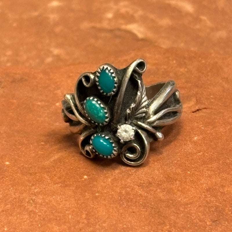 Royce "Eagle Boy" Kohlmeyer, Jemez Pueblo Sterling Silver and Green Turquoise Ring, vintage Native American-size 7.5   (5/158)