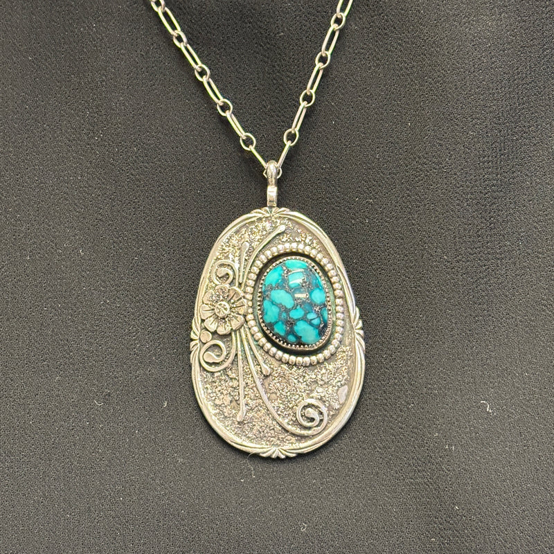 Royce "Eagle Boy" Kohlmeyer, Jemez Pueblo Sterling Silver Floral Pendant Necklace with Natural Turquoise, vintage Native American  (5/160)