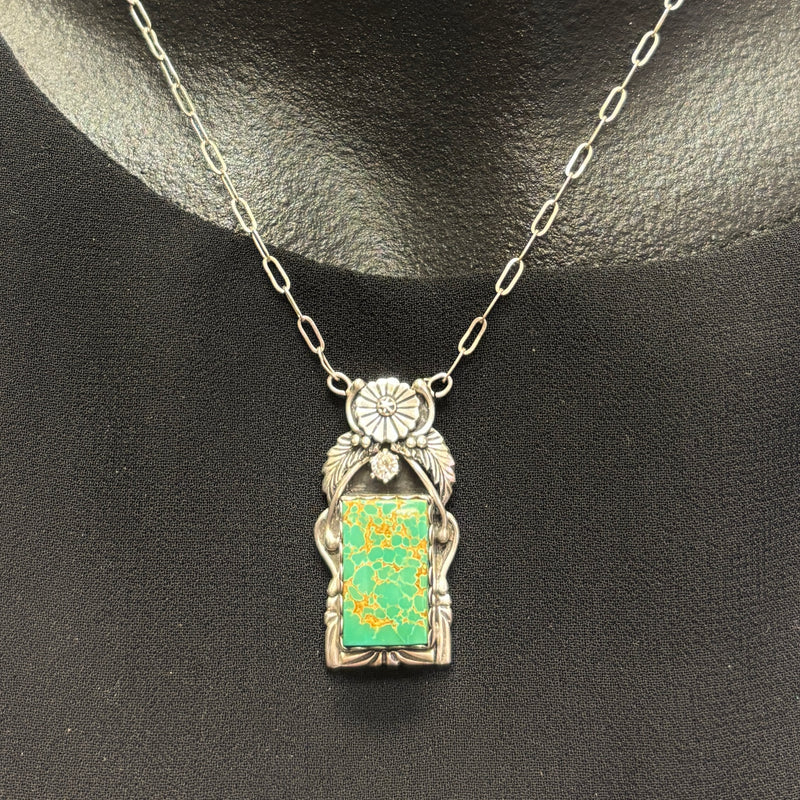 Royce "Eagle Boy" Kohlmeyer, Jemez Pueblo Sterling Silver Pendant Necklace with Green Turquoise and CZ, vintage Native American (5/163)