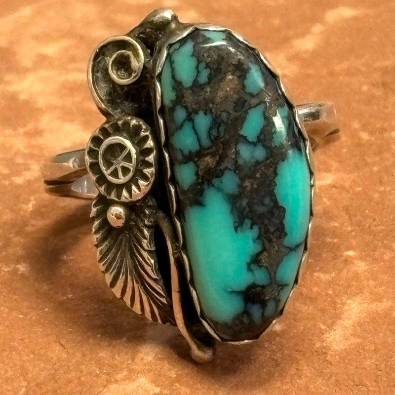 Royce "Eagle Boy" Kohlmeyer, Jemez Pueblo Sterling Silver and Turquoise Ring with Sunburst Shank, vintage Native American-size 6   (5/169)