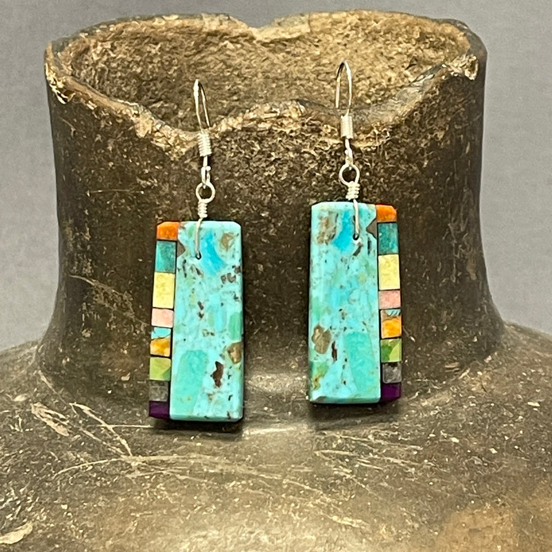 Mary Tafoya, Kewa (Santo Domingo) Pueblo, Native American Turquoise Mosaic Dangle Earrings   (5/230)