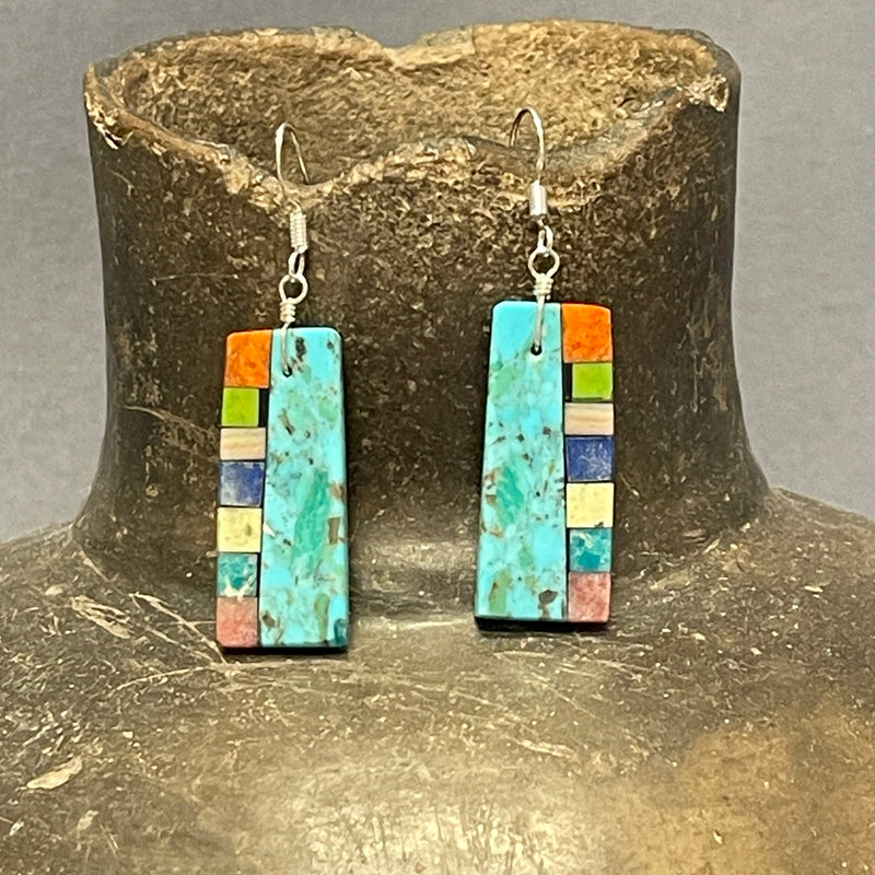 Mary Tafoya, Kewa (Santo Domingo) Pueblo, Native American Turquoise Mosaic Dangle Earrings   (5/231)