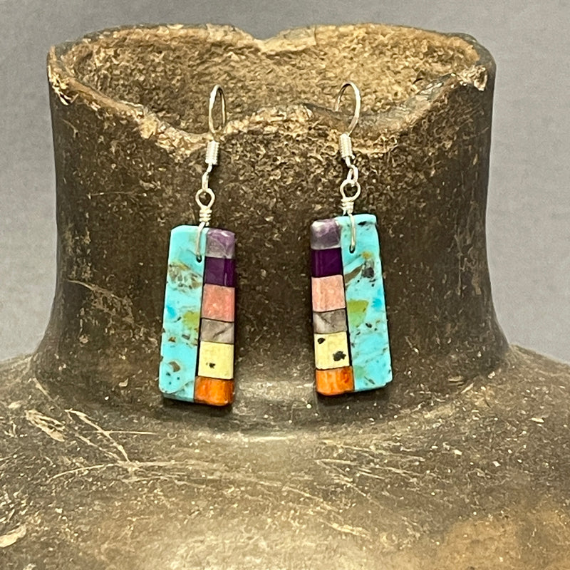 Mary Tafoya, Kewa (Santo Domingo) Pueblo, Native American Turquoise Mosaic Dangle Earrings   (5/233)