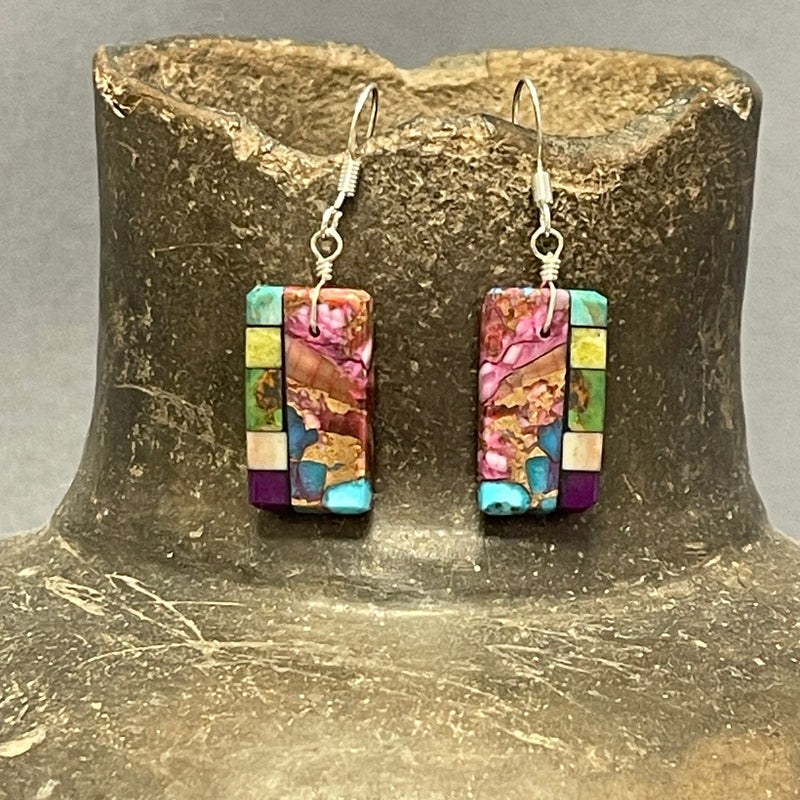 Mary Tafoya, Kewa (Santo Domingo) Pueblo, Native American Multi-Stone Mosaic Dangle Earrings   (5/234)