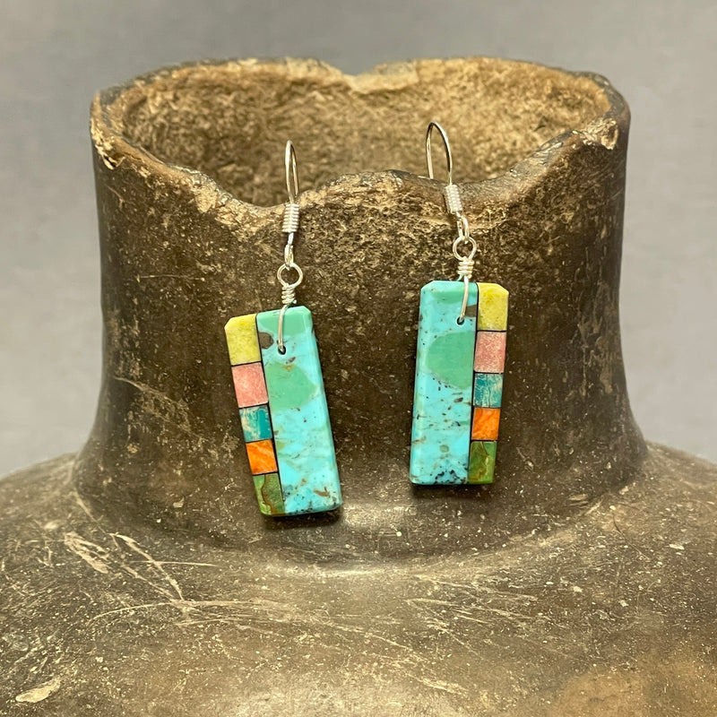 Mary Tafoya, Kewa (Santo Domingo) Pueblo, Native American Turquoise Mosaic Dangle Earrings   (5/235)