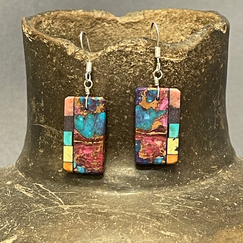 Mary Tafoya, Kewa (Santo Domingo) Pueblo, Native American Multi-Stone Mosaic Dangle Earrings   (5/243)