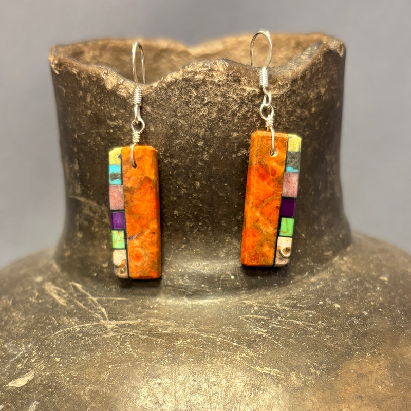 Mary Tafoya, Kewa (Santo Domingo) Pueblo, Native American Multi-Stone Mosaic Dangle Earrings   (5/246)