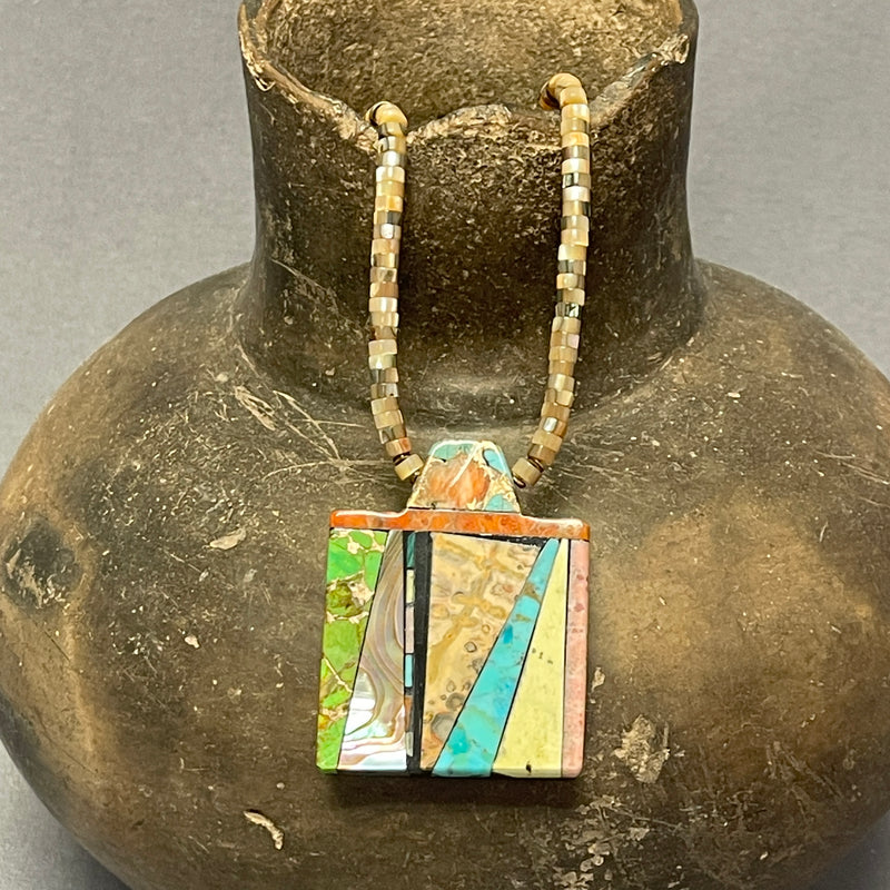 Mary Louise Tafoya, Kewa (Santo Domingo) Pueblo Multi-Stone Mosaic Pendant on Melon Shell  Bead Necklace (5/250)