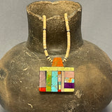Mary Louise Tafoya, Kewa (Santo Domingo) Pueblo Multi-Stone Mosaic Pendant on Melon Shell  Bead Necklace (5/251)