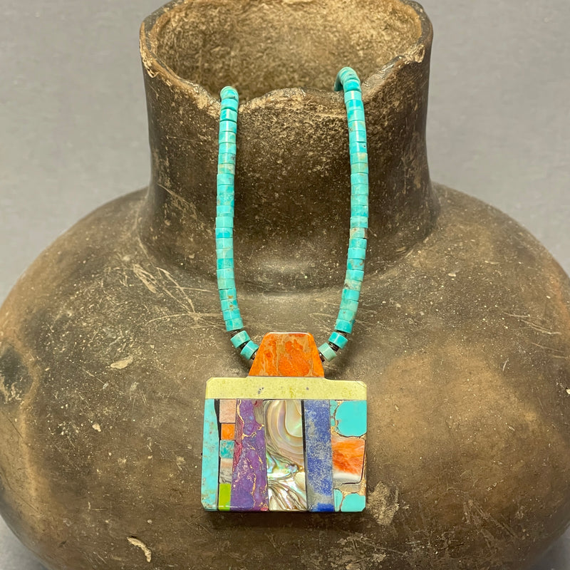 Mary Louise Tafoya, Kewa (Santo Domingo) Pueblo Multi-Stone Mosaic Pendant on Turquoise Rolled Bead Necklace (5/252)