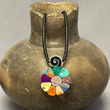 Mary Louise Tafoya, Kewa (Santo Domingo) Pueblo Multi-Stone Mosaic Flower Pendant on Jet Necklace (5/253)