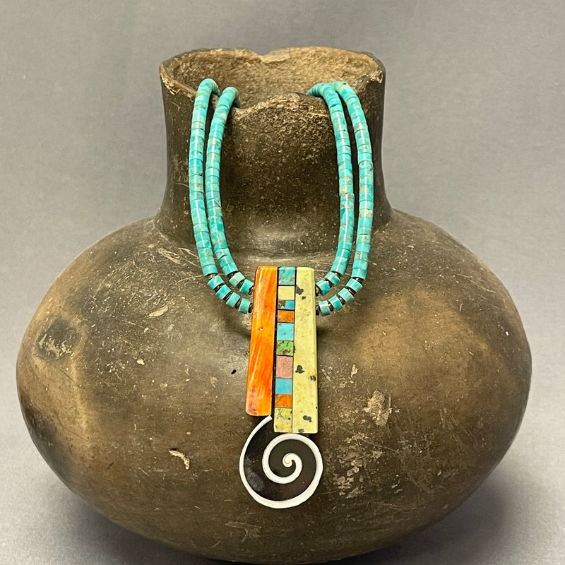 Mary Louise Tafoya, Kewa (Santo Domingo) Pueblo Multi-Stone Mosaic Pendant on Double-Strand Turquoise Necklace (5/255)